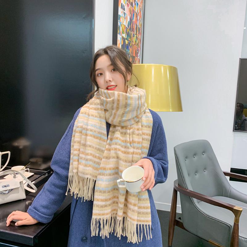 

Scarf 2020 Autumn/winter Korean Style New Women's Color Woven Imitation Cashmere Scarf Plaid Shawl Dual-use Warm Striped