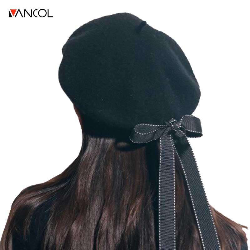 

Vancol 2020 Women Artist Beret Cap casquette ribbon bow Winter Vintage soft Felt Wool Beanie Hat Ladies Fashion Classic boina