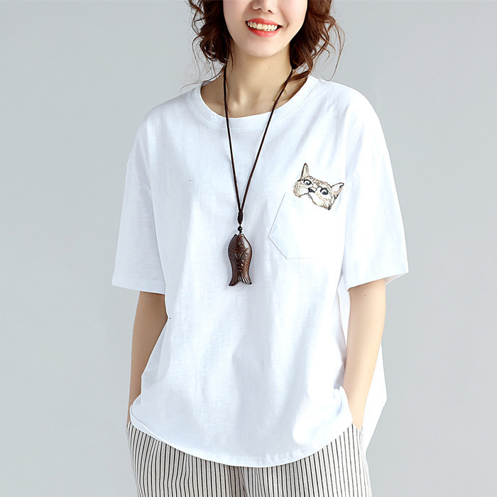 

2021 New 100% Cotton Oversized t Shirt Women Harajuku Punk Rock Short Sleeve Simple Comfortable Loose Tee Tshirt Embroidery Cat T-shirt I03h, Beige