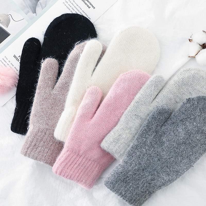 

Double-layer Hair Gloves Female Winter Korean Version of Solid Color All Fingers Winter Women Gloves Girls Mittens