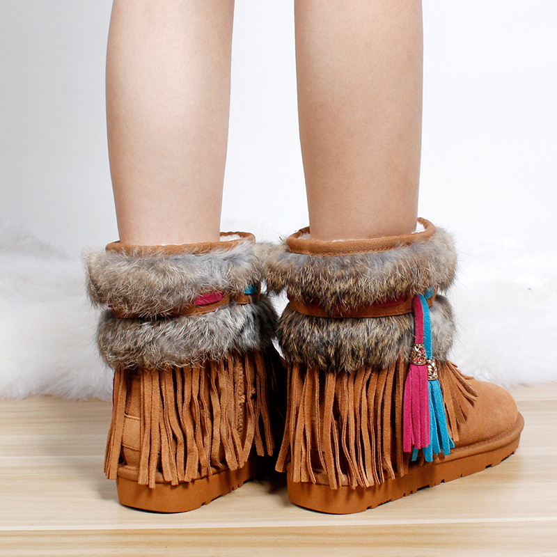 

New 2020 women snow boots thick plush winter warm shoes Warm cony hair tassel Ethnic style thickening ladies boots, Khaki