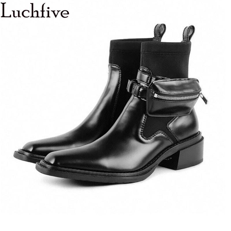 

Black Genuine Leather Ankle Boots Square Toe Pocket Boots Femme Chunky Heels Shoes Woman Sexy Zipper Women