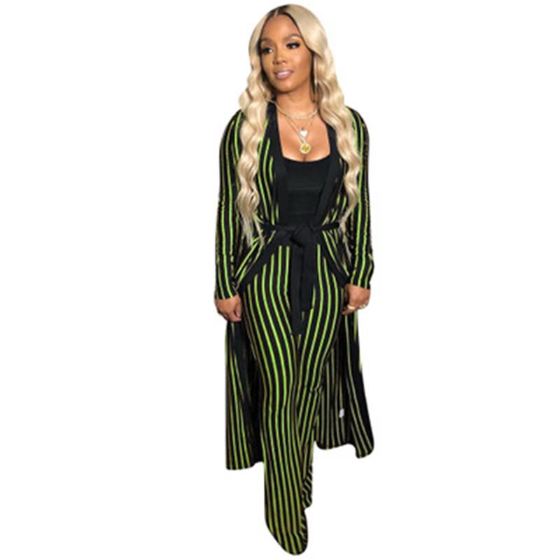 

Women Stripe Sets Fashion Trend Long Sleeve Cardigan Long Coats Trousers Suits Designer Female Autumn With Sashes Loose Casual Tracksuits, Yellow