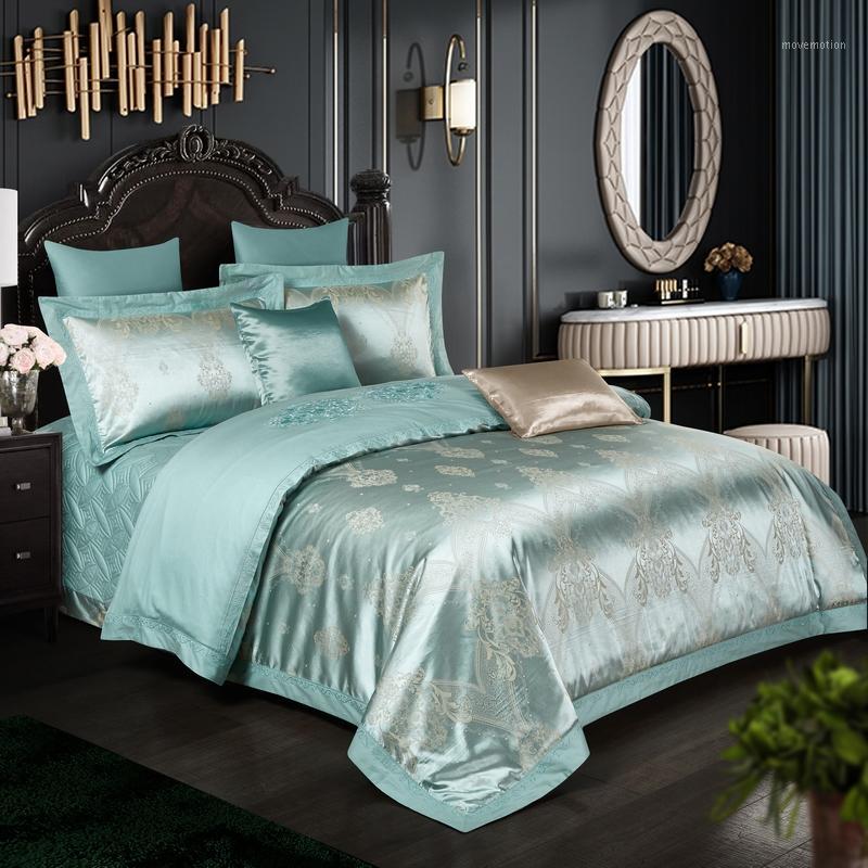 

Luxury Satin Cotton Jacquard Rich Silky Duvet Cover Set Pillowcase Vintage Full Queen 4Pcs Bedding set Quilted Cotton Bedspread1, Color 4