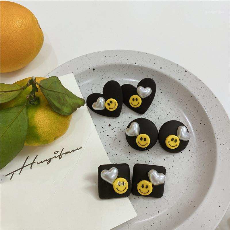 

Stud Korean Earrings For Women Black White Heart Round Square Imitation Pearl Girls Jewlery Accessories, Golden;silver
