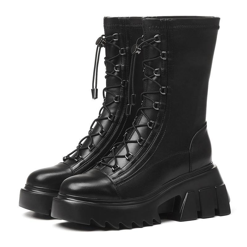 

new winter shoes women motorcycle boots genuine leather round toe cross-tied keep warm riding mid-calf boots femme, Black