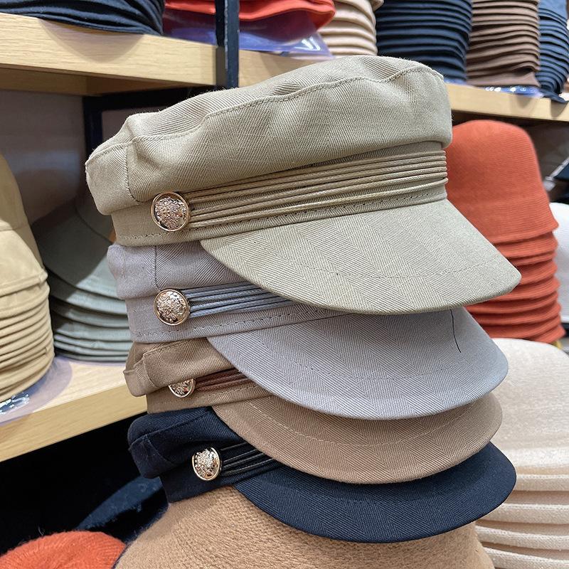 

Stingy Brim Hats 202101- Shi9304 Spring Rope Decoration Gold Button Navy Style Leisure Lady Octagonal Hat Men Women Visors Cap, Black