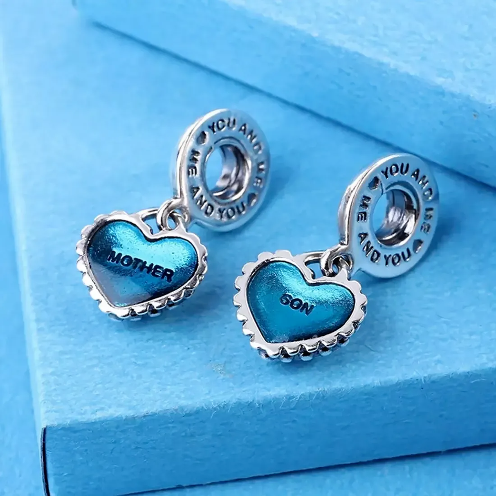 

Solid 925 Sterling Silver Piece of My Heart Mother & Son Dangle Pendant Bead with Blue Enamel Fits European Pandora Style Charm Bracelet, Black