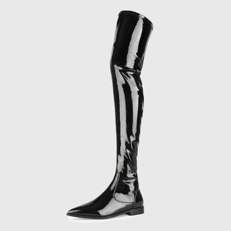 

Sexy Women Patent leather Thigh Boots Flat Pointed toe Ladies Spring Stretch Over the Knee Boots Night Club Knight1, Black
