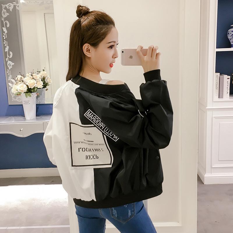 

Baseball Jacket Women Fall New Female Pilot Jacket Long Sleeves Patchwork Color Crop Women, Blue