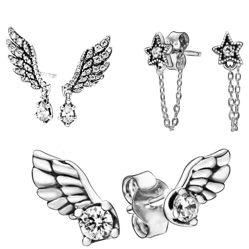 

New Winter Crystal Dangling Angel Wing Sparkling Angel Wing Stud Celestial Stars Earrings925 Silver Jewelry