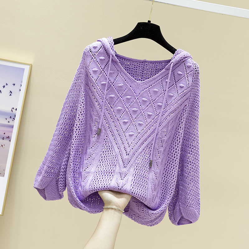 

2021 Hooded Pullover Women's Spring Summer New Bat Sleeves Loose Candy Colors Sweater Female Hollow Knitwear Thin Coat Y72 Xovh, Blue