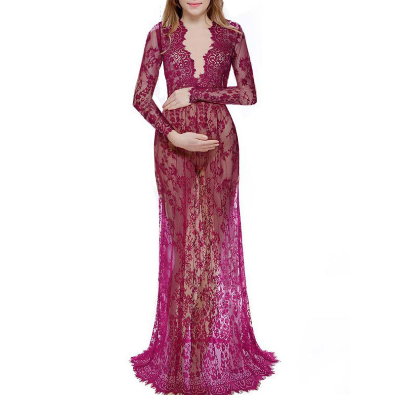 

2020 Summer Pregnant Oversized Dress Women Long Sleeve Transparent See Through Dress V Neck Lace Long Maxi Dresses For Women, Navy blue