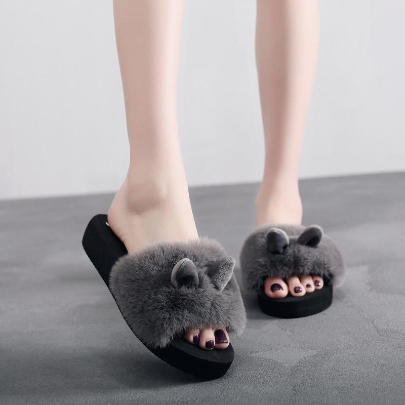 

Fur Shoes Low On A Wedge Slippers Casual Platform Lady Slides Plush Luxury Girl Soft Rome Basic PU Leisure Fabric Fashion Hoof