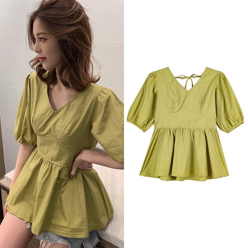 

Fashion Women' Solid White Shirts Summer Solid Color Puff Sleeve Blouse Female Elegant V-Neck Shirt Tops