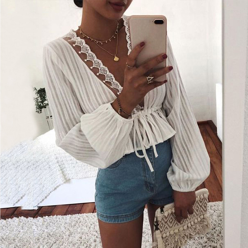 

2021 New Women Spring Lace Patchwork v Neck Blouses Casual Lantern Sleeve Lace-up Slim Shirt Autumn Female White Cardigan Tops 2t9j