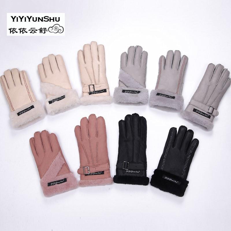 

YIYIYUNSHU Handmade Real Sheepskin Women's leather Gloves female Wool Fur Genuine Leather Winter Type Multi Color Warming Gloves