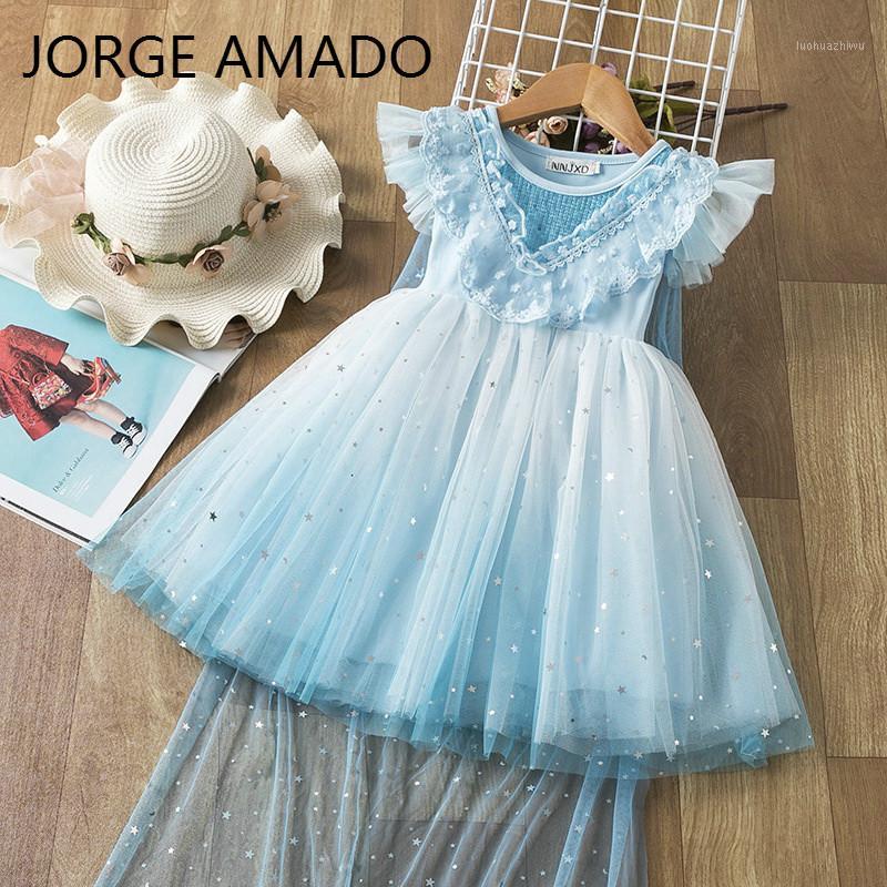 

Girl Starry Sky Dress Sequins Lace Blue Sundress Sleeveless Princess Dress Clock can Remove Baby Clothes E812031