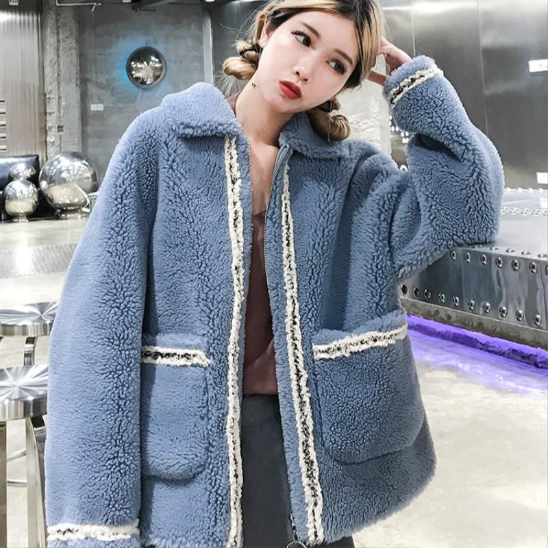 

Coat Real Winter Fur Autumn Women Clothes 2020 Korean Short Sheep Shearing Jackets Vintage Wool Coats YY1744, Blue