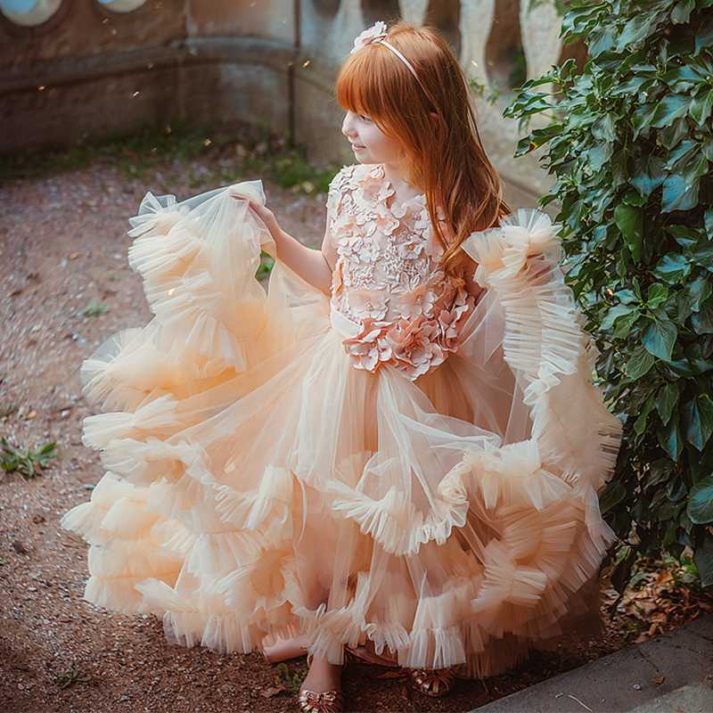 

champagne Flower Girl Dress Ruffles Floral Appliqued Tiered Skirts Kids Gowns For Wedding Birthday First Holy Communion Dresses, Beige