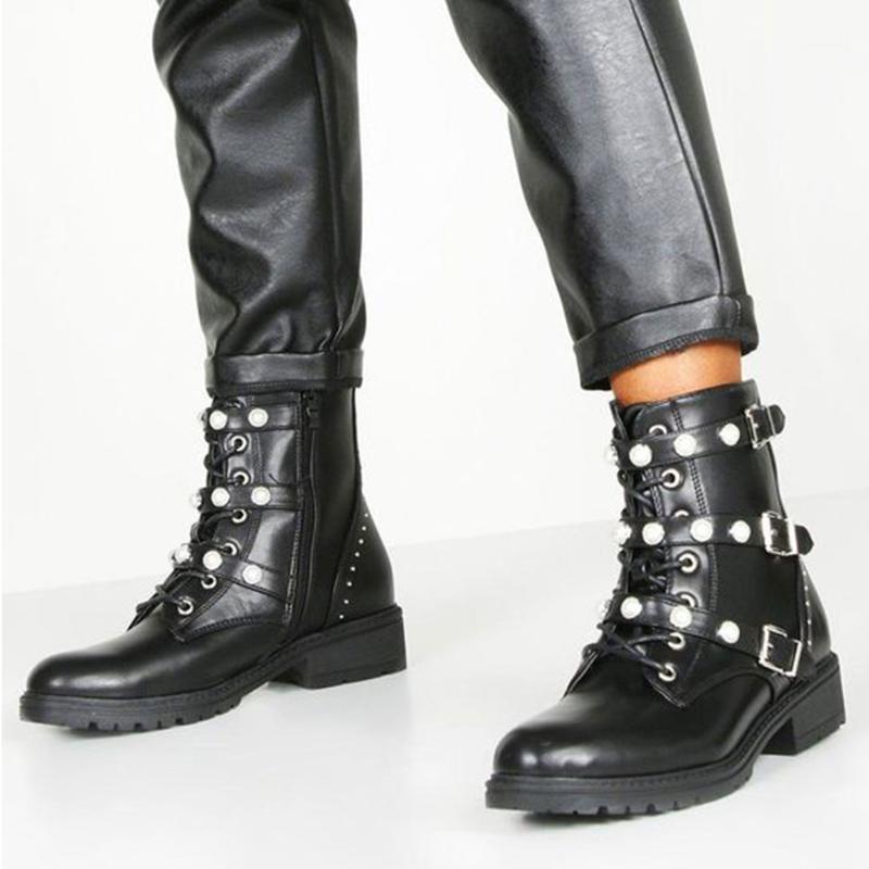 

Brand New 2020 Fashion Pearls Square Heels Ankle Boots Female Shoes Cool Leisure Motorcycles Boots Women1, Black