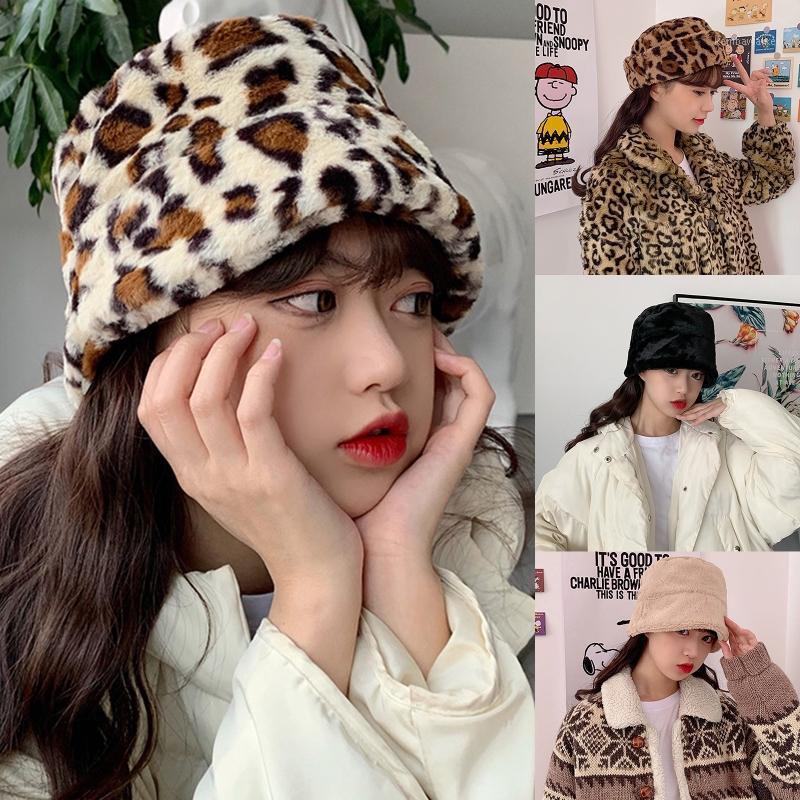 

Women Winter Fuzzy Plush Warm Dome Bucket Hat Leopard Harajuku Fisherman Cap X7YA1, Black