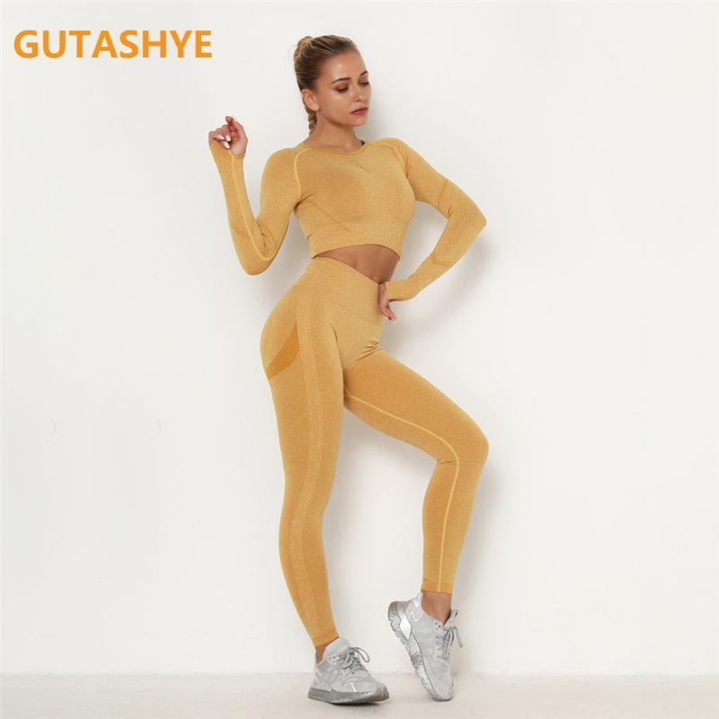 

Women Sport Suit Yoga Clothing Set Workout Gym Long Sleeve Fitness Crop Top + High Waist Seamless Energy Workout Leggins1, 2pcs set wine red