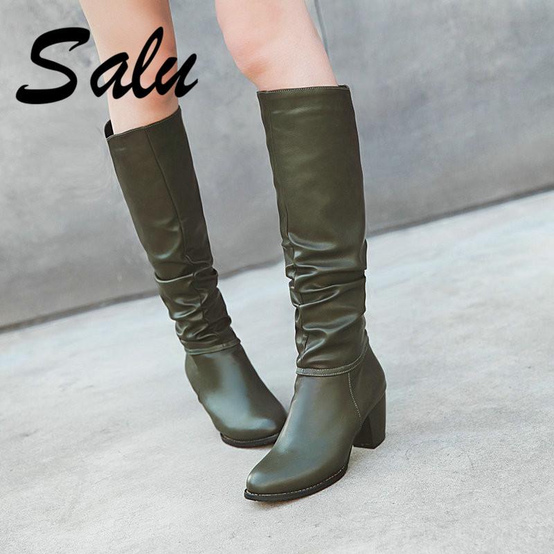 

Salu Women Knee High Boots All Match Platform Zipper Pu Leather High Quality Winter Boots Women Shoes Big Size 34 47 48, Black