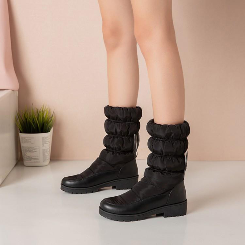 

Super thick velvet down boots women 2020 new mid-calf botas pleated lantern slip on snow botines flats round toe winter shoes 43, Black