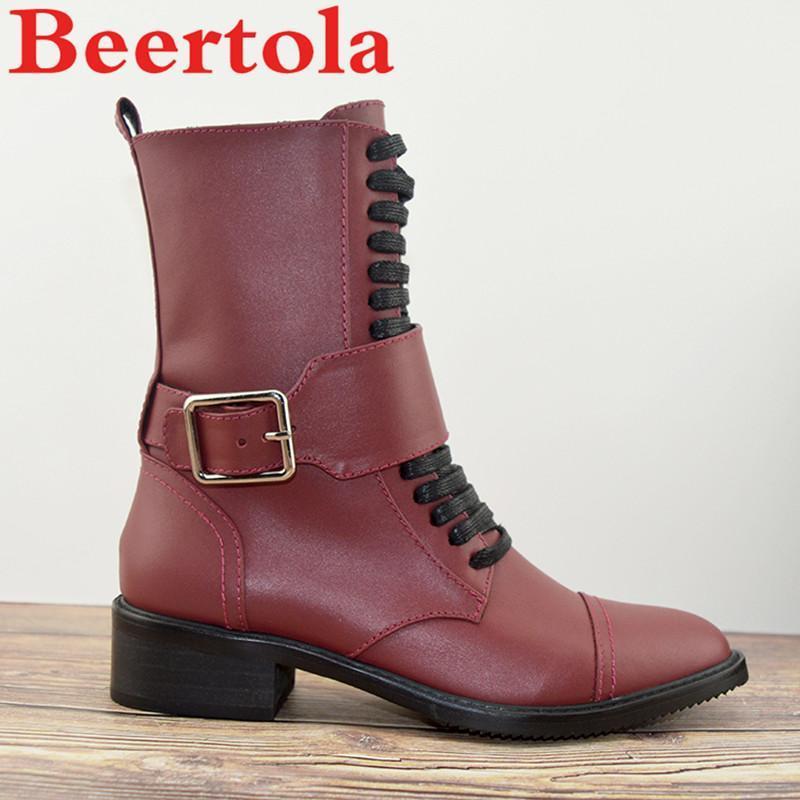 

Fashion Genuine Leather Women's Boots Autumn Belt Round Toe Cool Motorcycle Boots Women Wine Red Black British Style Botas Mujer1, As pics