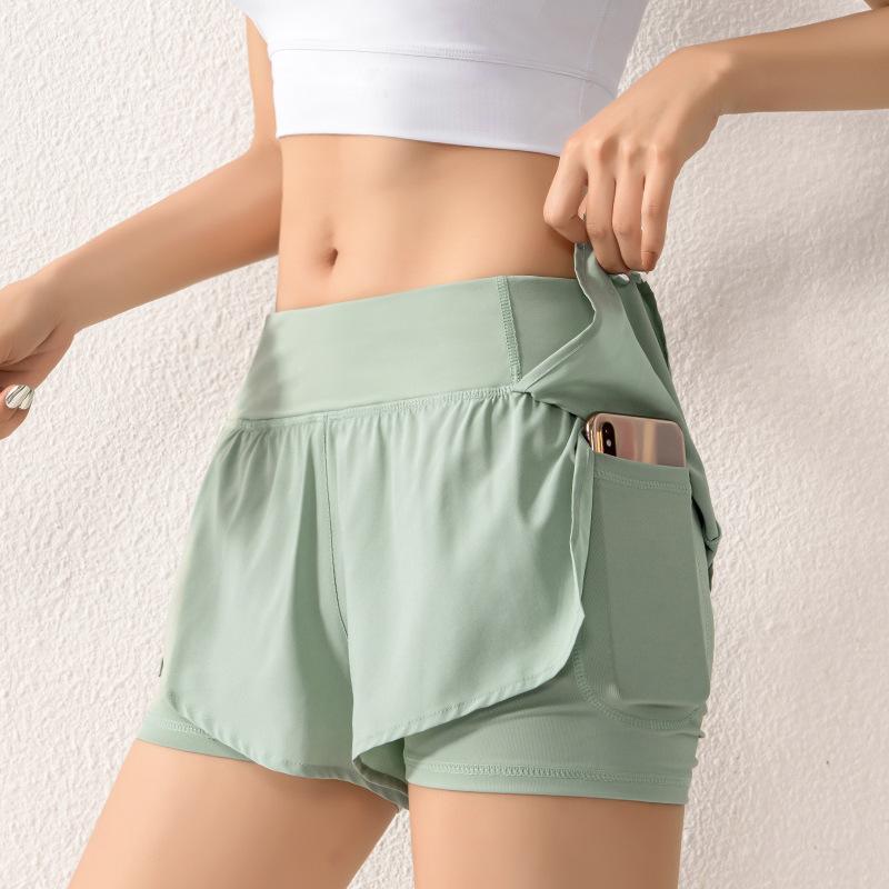 

Yoga Shorts Women Marathon Running Shorts Gym Elastic Waist Fitness Summer Women Sports With Side Phone Pocket, Gray