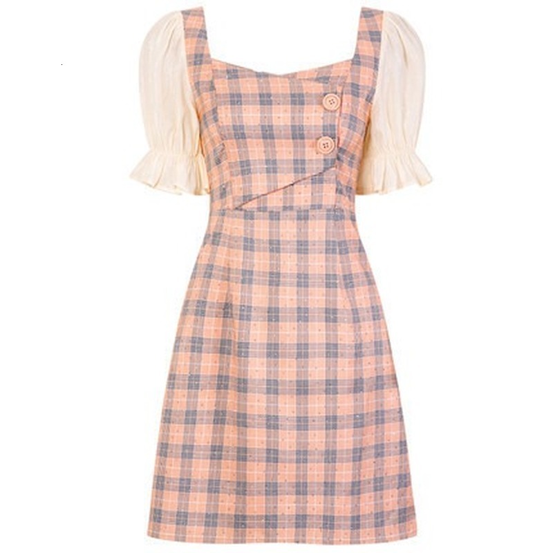 

2021 New Short sleeve chess female office dress checkered line square collar Korean temperament style chiffon seam ZSLA, Pink