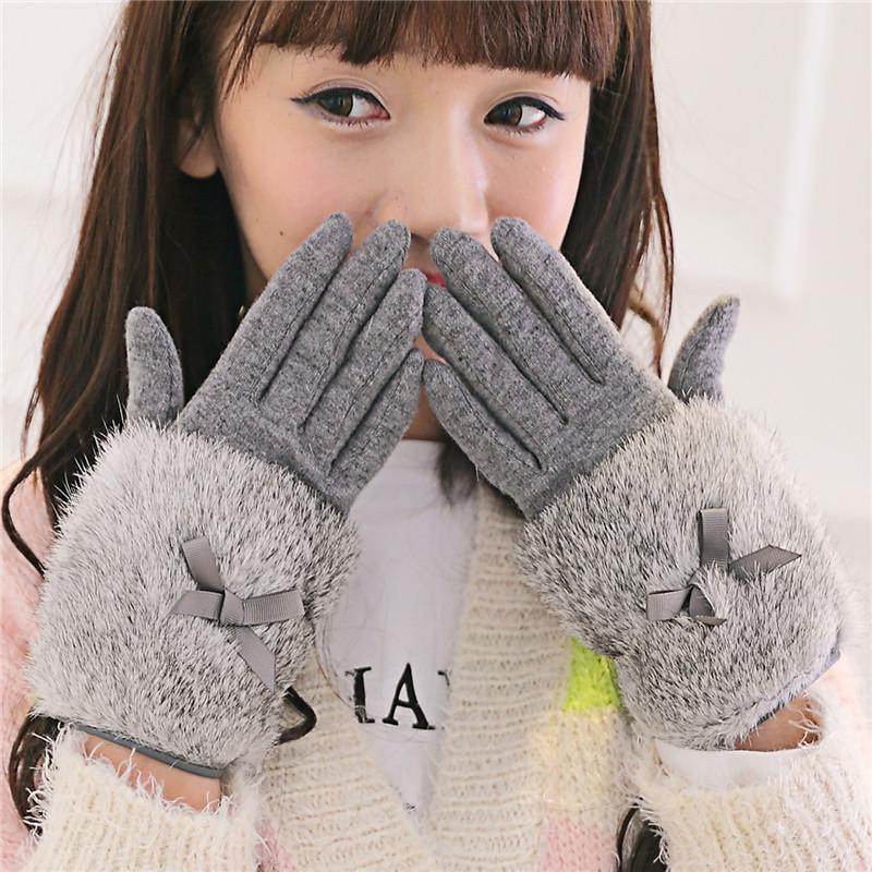 

Five Fingers Gloves Autumn Winter Ladies Cashmere Female Bow Tie Fur Wool Mitten Sweet Elegant All Match Women Grey