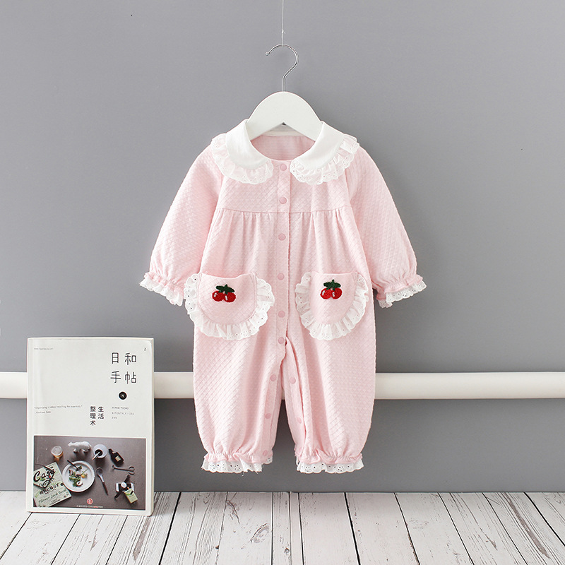 

2021 New Baby Girls Rompers Peter Pan Collar Cotton Long Sleeve Jumpsuit Outfits Newborn Infant Clothes with Cute Pockets Pink 0-18m 8zpt