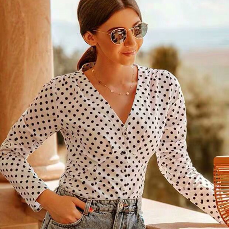 

New Retro Lady of the Office Women's Shirts Sexy Dots with Decont on v Autumn High Street Women Tops and Bluffs Clothes Party Otc7, White
