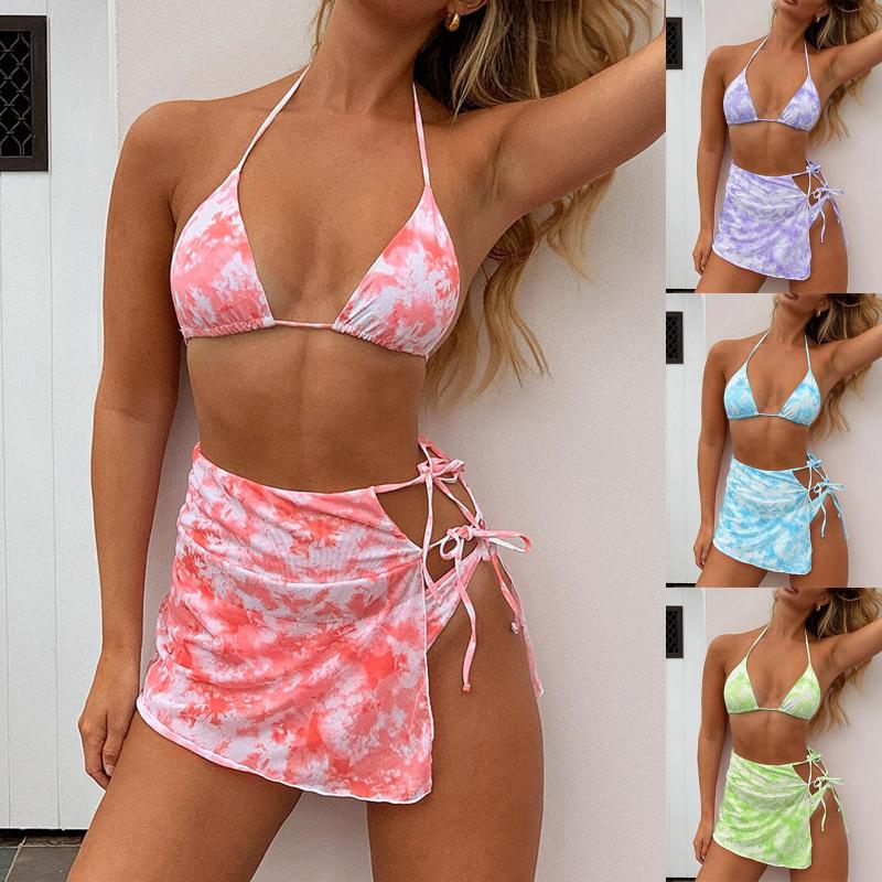 

Ladies sexy sling color matching lace small skirt swimsuit 2021new bikini set pool party beachwear swimwear Brazilian swimwear, Blue