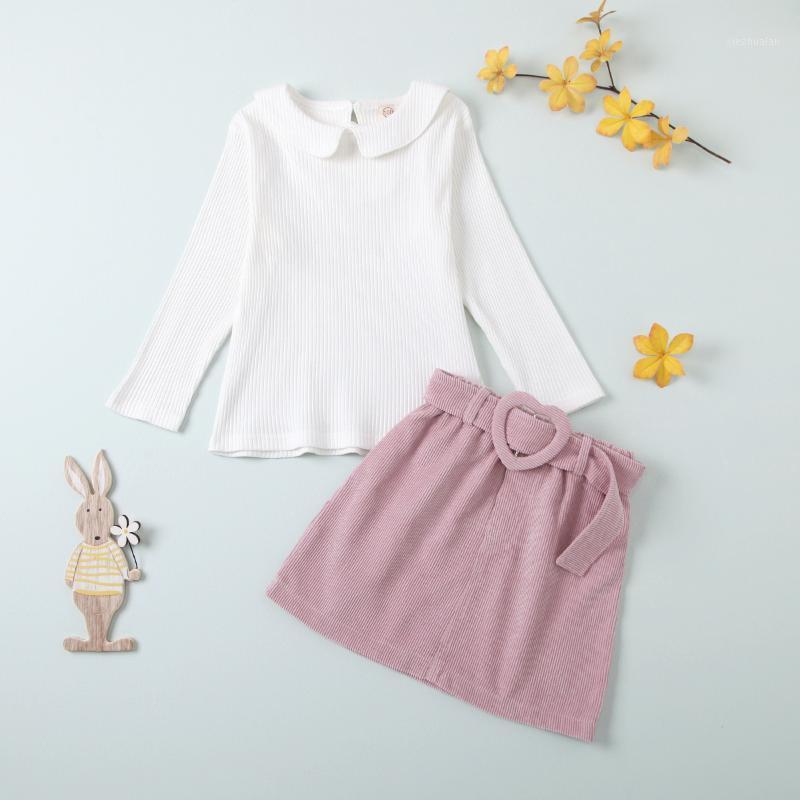 

Baby Sets Girl's Lapel Long Sleeve Top + Belt Skirt1, White