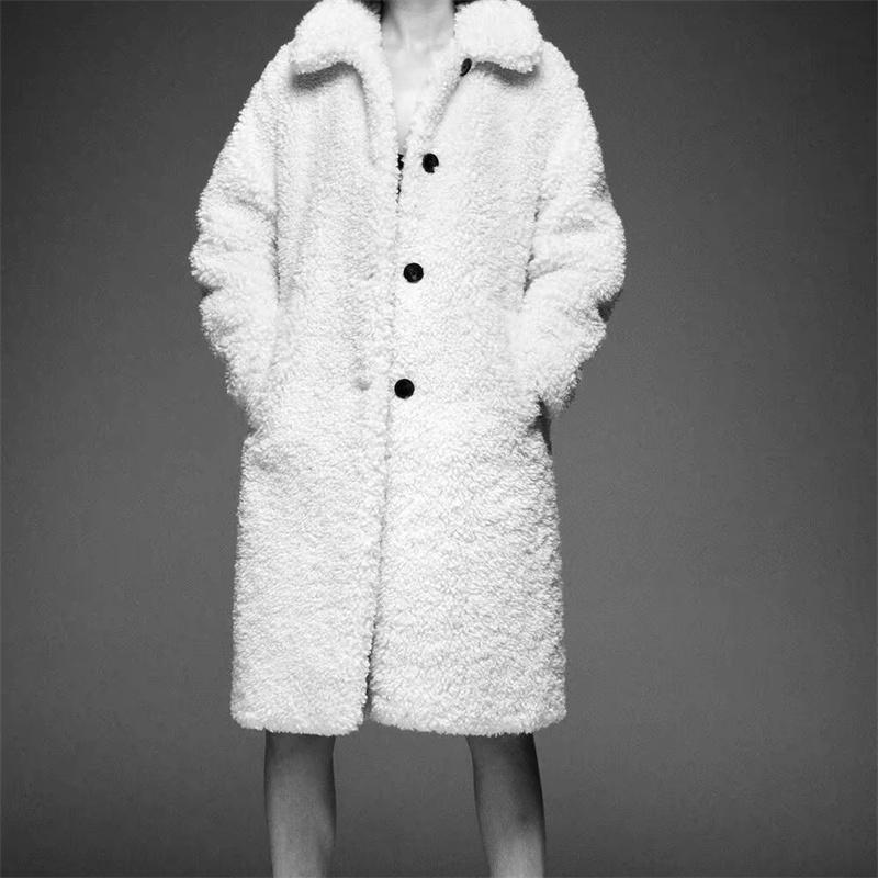 

ZXQJ Women 2021 Fashion Vintage Stylish Thick Warm Faux Fur Teddy Jacket Coat Long Sleeve Pockets Female Outerwear Chic Tops, White