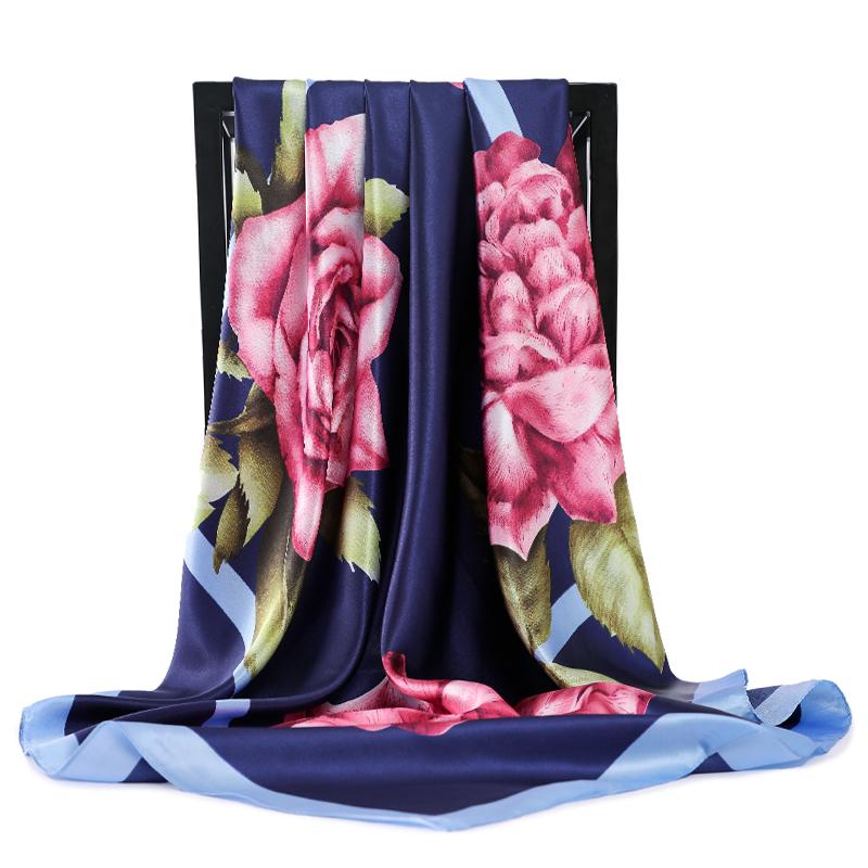 

2020 Winter Silk Satin Hair Scarf For Women Fashion Print Kercheif Hijab Scarfs Female 90cm Square Shawls and Wraps Neck Scarves