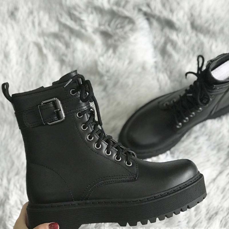 

BONJOMARISA Ladies Round Toe Buckle shoes lace Ankle Boots Platform Punk Motocycle Boots Women Stylish Autumn Shoes Woman1, Black