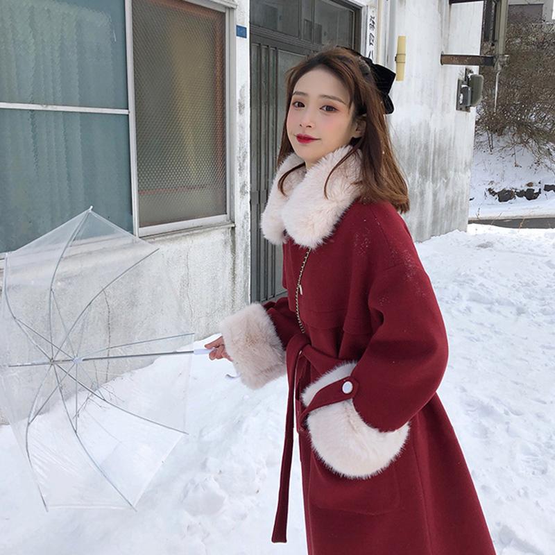 

2020 New Winter Korean Fashion Lapel Woolen Belt Jacket Loose Retro Thick Mid-Length Gentle Red Woolen Coats Tide Hepburn, Beige