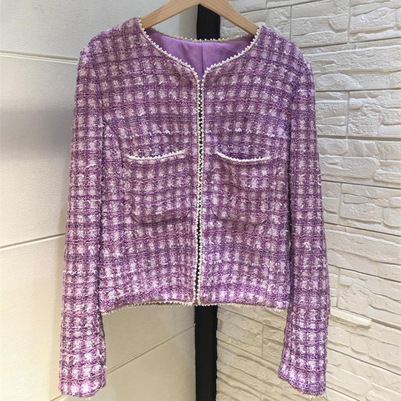 

Autumn High quality women' pearls beading O-neck plaid tweed jackets coat C203, Lavender