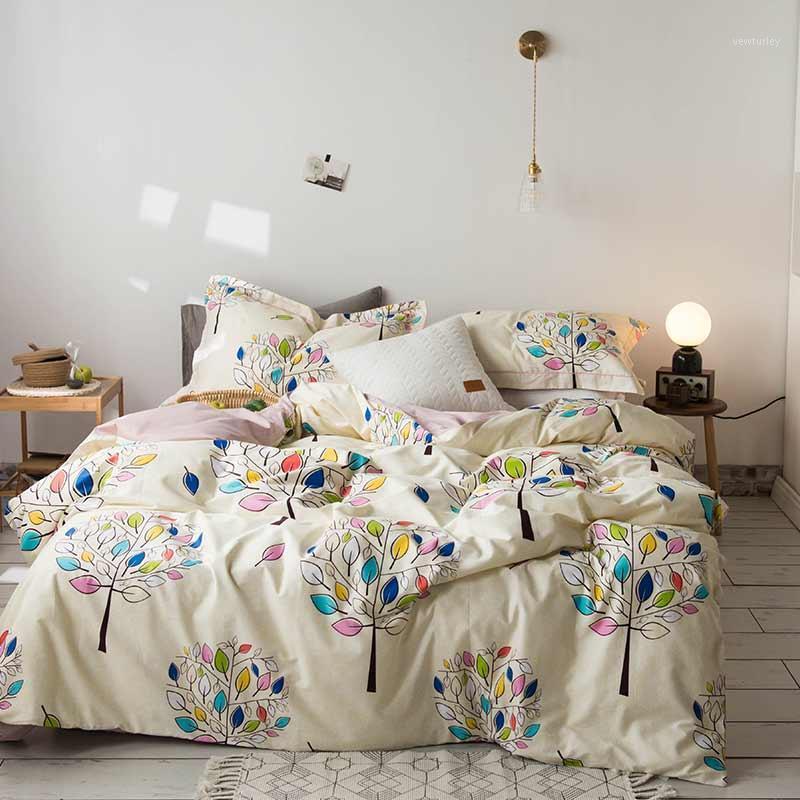 

13372 Pure Cotton 3/4 pcs Pure Cotton Bed Set Duvet Cover Bed Sheet Pillowcases Flowers Leaves  Queen Size Home1