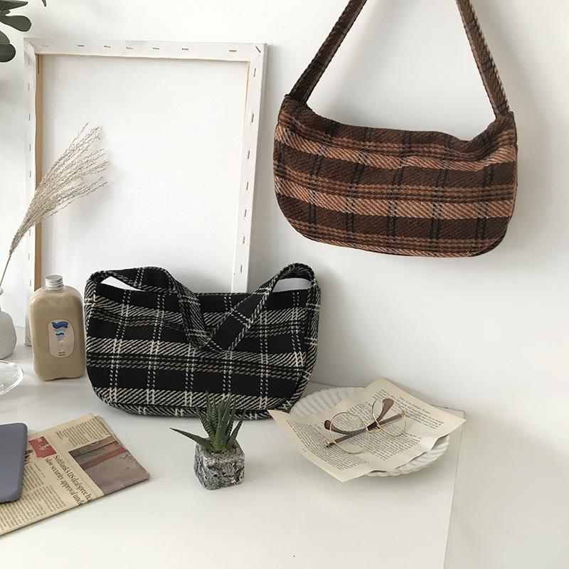 

Vintage Checked Prints Women Woolen Shoulder Bag Plaid Canvas Handbags Casual Tote Soft Cloth Top-handle Shopping Bags For Girls