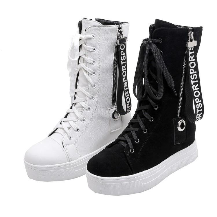 

Women White Wedge Shoes Thick Bottom Chunky Heel Side Zipper Ankle Boots Warm PU Flat Snow Fashion Women's Boots