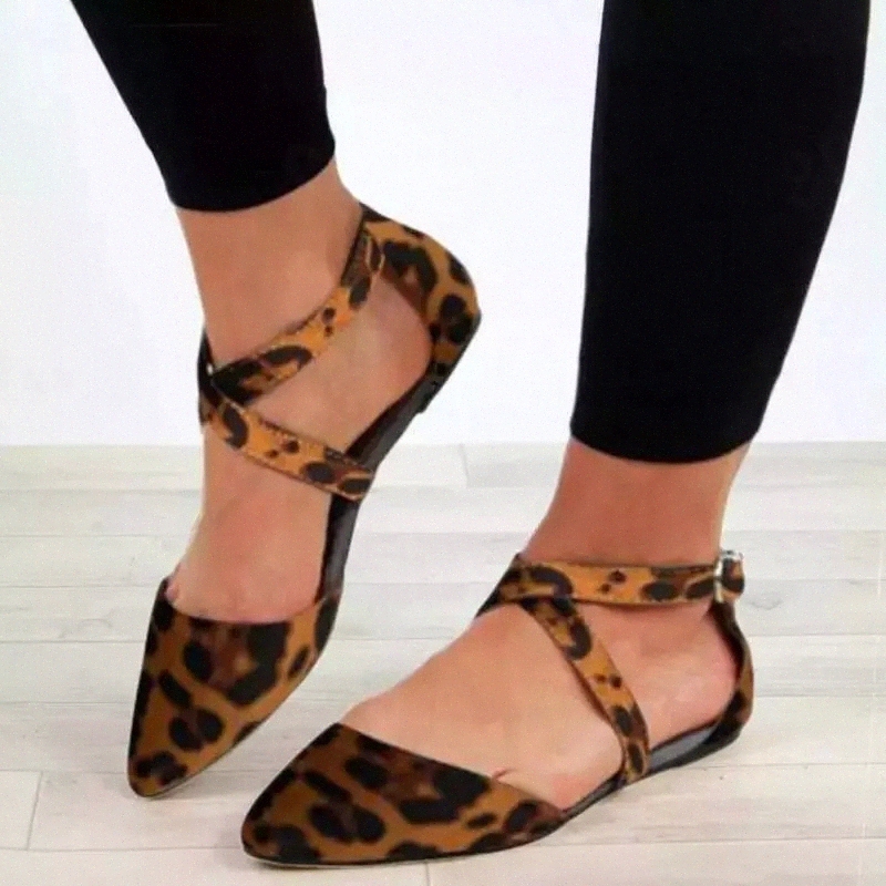 

Sandals Female 2020 Spring New Shallow Mouth Buckle European And American Style Pointed Head Flat Breathable Leopard 35-43 #PQ08