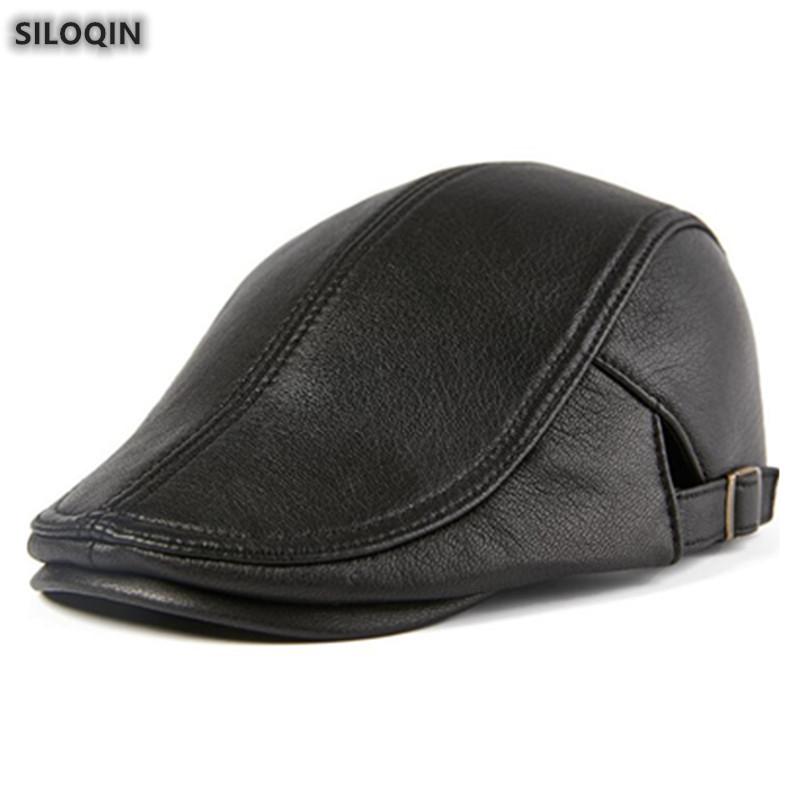 

SILOQIN New Genuine Leather Hat Autumn Winter Men's Berets Sheepskin Leather Cap Fashion Men Brands Caps Multicolor Dad's Hats, Color-8