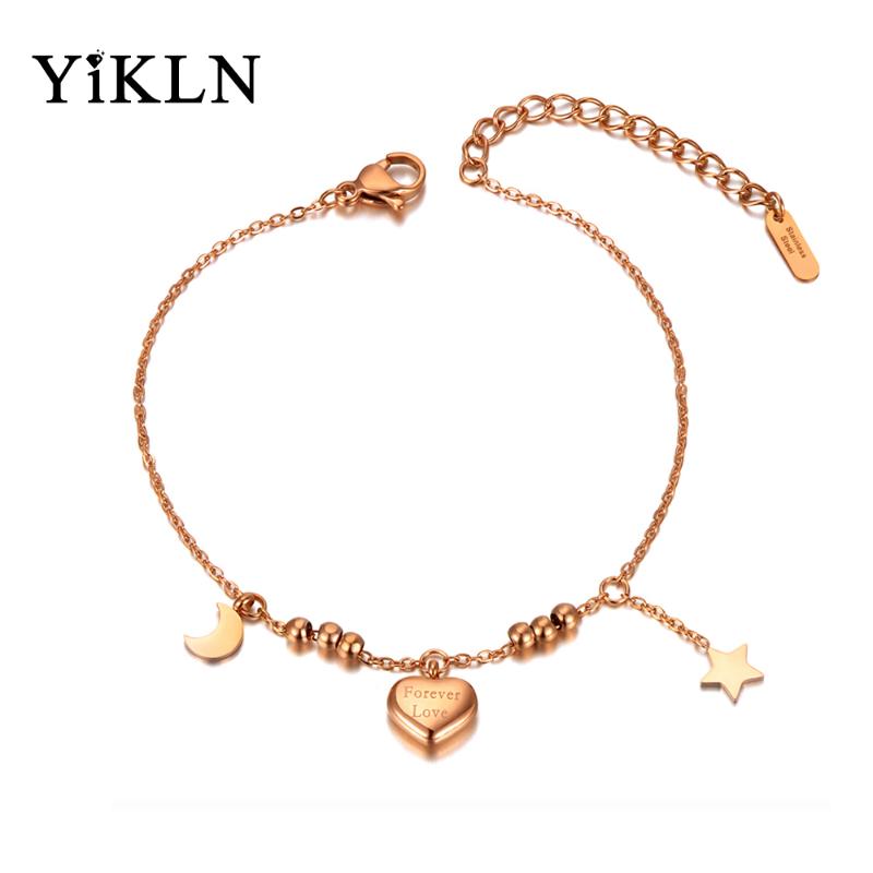 

YiKLN Romantic Stainless Steel Love Heart Star Moon Charm Bracelets For Girls Bohemia CZ Crystal Chain Link Bracelet YB20045