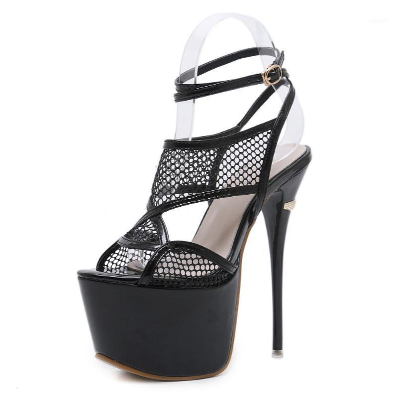 

Platform Super High Heels Sandals Hollow Women Shoes 16CM Thin Heels Shoes Ankle Strap Buckle Party Wedding1, Black