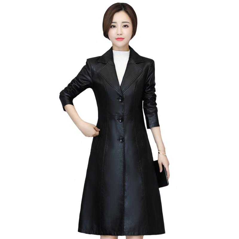 

Autumn Winter Women Faux Leather Jacket Plus Cotton Plus Size 5XL Elegant Slim Ladies Leather Jackets Female Long Trench Coats, Red